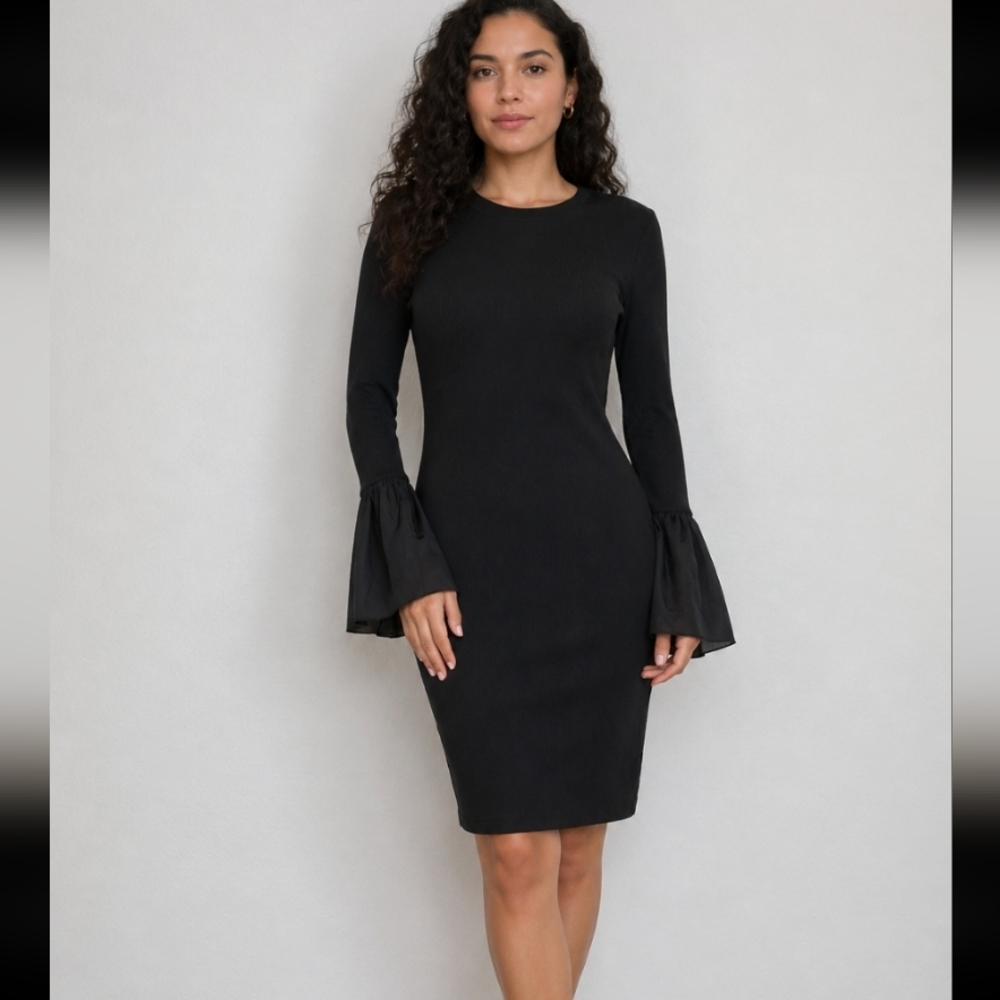 CAD Ribbed Long Sleeve Bell Cuffs Form Fitting Dress Large